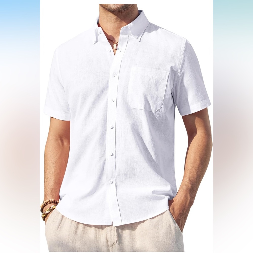Hemstitch White Men's Cotton Shirt Casual Button Down Collared Beach Size XL